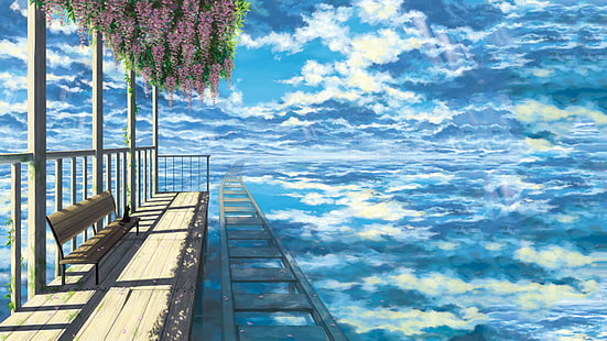 brown wooden park bench, sky, clouds, bench, cat, railway, sen to chihiro, HD wallpaper HD wallpaper