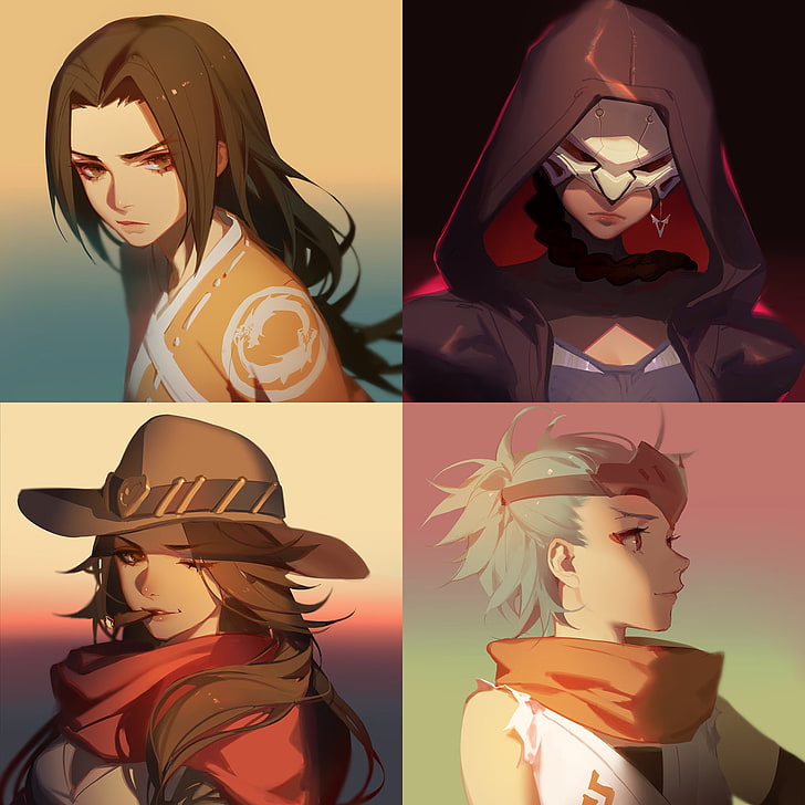 Fondo de pantalla de collage de cuatro personajes femeninos de anime, Overwatch, Reaper (Overwatch), Genji (Overwatch), McCree (Overwatch), Hanzo (Overwatch), collage, Fondo de pantalla HD