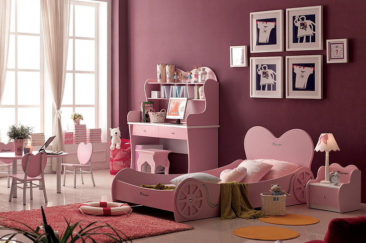 pink wooden bedroom set, design, house, style, room, Villa, interior, children's, HD wallpaper