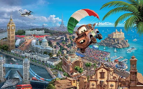Disney Pixars Cars Tow Mater tapeta, krajobraz, maszyna, sport, Francja, widok, Anglia, kreskówka, Włochy, ciężarówka, panorama, wyścig, samolot, Pixar, agent specjalny, szpieg, mistrzostwa, wyścigi, Auta 2, Walt Disney, animowana film, Mater, World Grand Prix, Tokyo drift, paralotnia, Tapety HD HD wallpaper