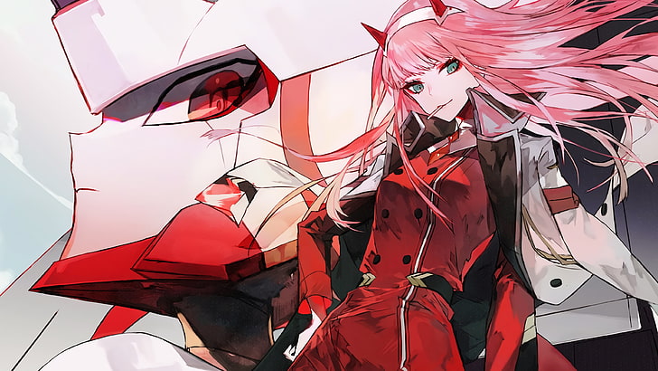weibliche Figur im roten Kleid, Darling im FranXX, Zero Two (Darling im FranXX), Anime-Mädchen, rosa Haare, Strelizia (DARLING im FRANXX), HD-Hintergrundbild