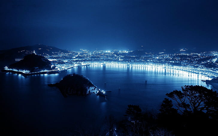 pejzaż miejski, noc, niebieski, wybrzeże, światła miasta, Tapety HD