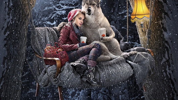 tapeta z białym wilkiem, pies, dziewczyna, wilk, las, zima, kompozycja, Tapety HD