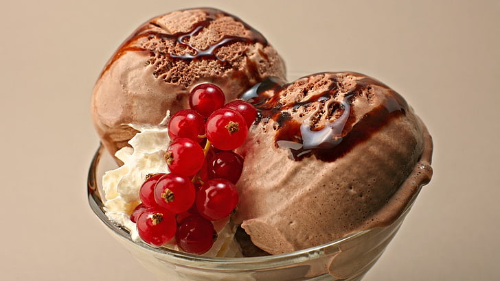 chocolate ice cream with red cherry, food, dessert, ice cream, HD wallpaper