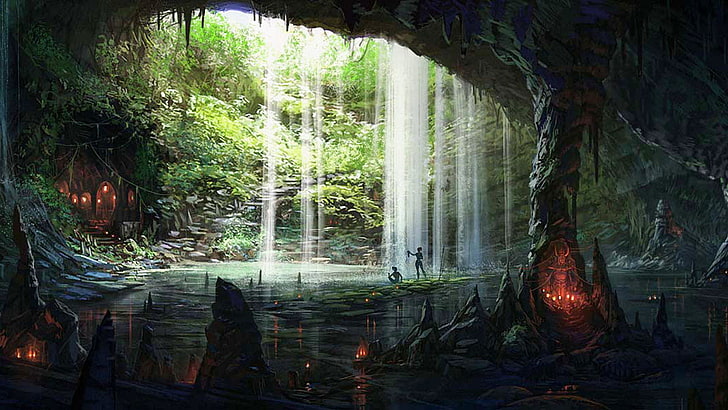 пещера, фантазия, подземен, водопад, HD тапет