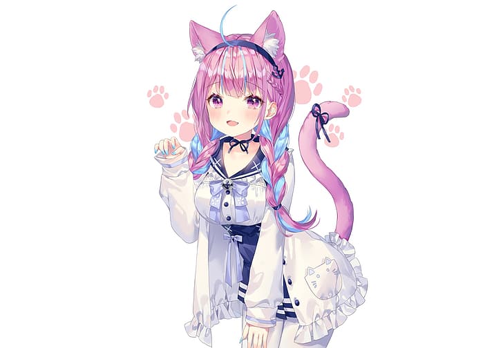Minato Aqua, cat girl, pink hair, pink eyes, tail, blush, twintails, braids, Fang, headband, pantyhose, school uniform, shirt, skirt, HD wallpaper