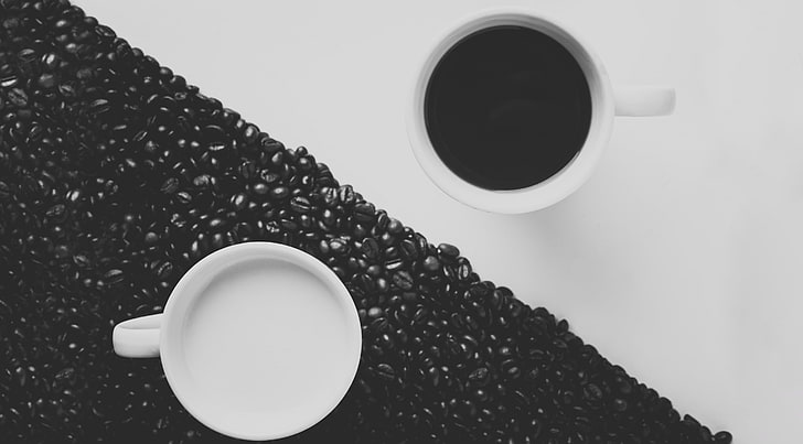 Milk and Coffee HD Wallpaper, two white ceramic mugs, Food and Drink, Cream, Coffee, Milk, Beans, mugs, blackandwhite, HD wallpaper