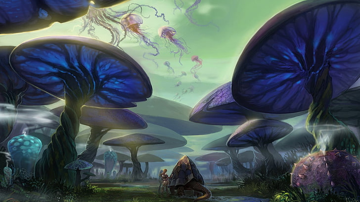 синие грибы и медузы цифровые обои, фэнтези-арт, волшебные грибы, медузы, HD обои