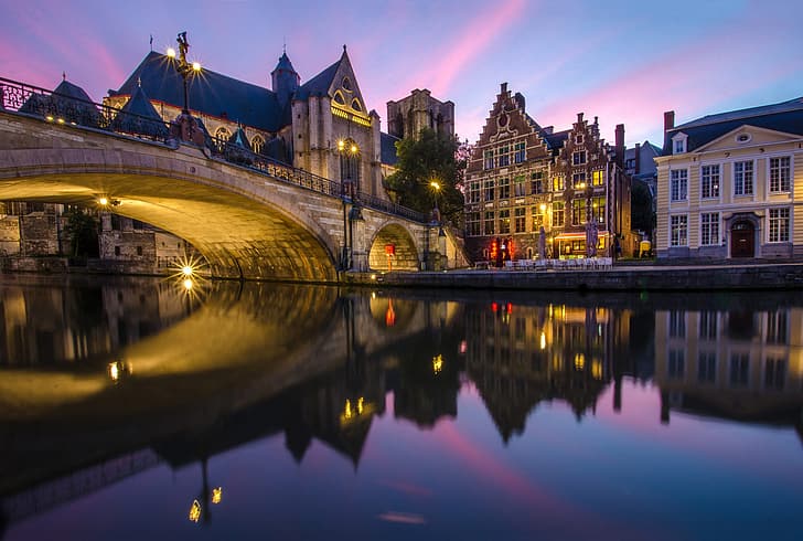 bridge, the city, reflection, river, home, the evening, lighting, lights, Belgium, Ghent, HD wallpaper