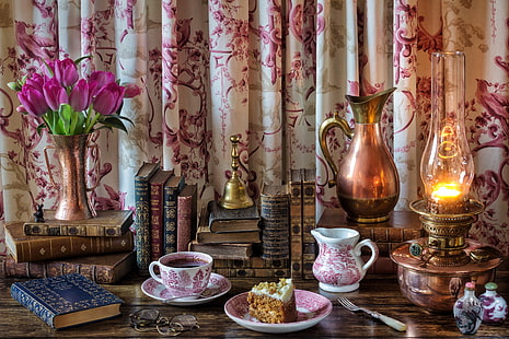 цветя, стил, чай, книги, лампа, чаши, чаено парти, лалета, стомна, торта, HD тапет HD wallpaper