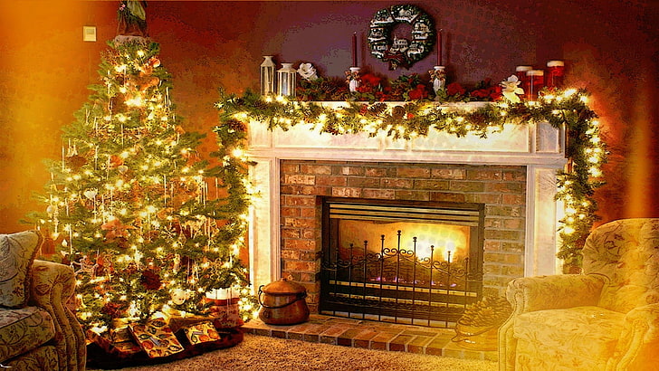 black and brown fireplace, Christmas, holiday, fireplace, interior, HD wallpaper