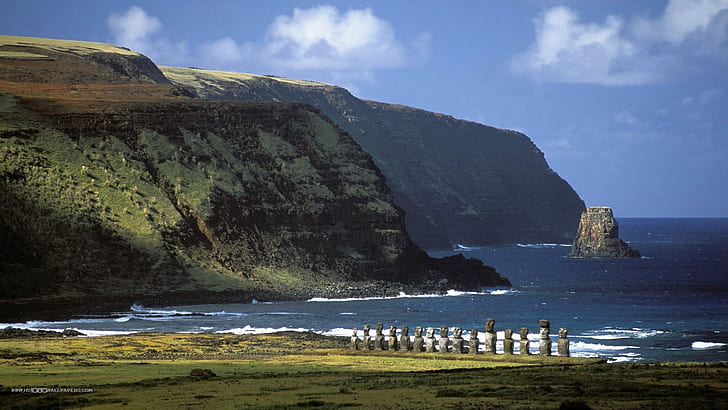 Coast Of Easter Isl, остров, картина, снимка, природа, Великденски остров, стена, скали, паметник, изображение, океан, уилап, HD тапет