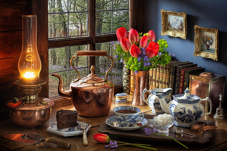 flowers, style, tea, books, lamp, bouquet, kettle, window, the tea party, tulips, pictures, sugar, still life, cake, HD wallpaper