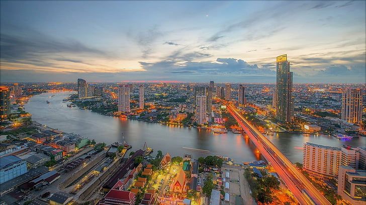 Villes, bangkok, ville, paysage urbain, crépuscule, rivière, thaïlande, Fond d'écran HD