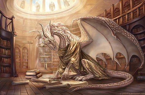  Fantasy, Dragon, Book, Library, HD wallpaper HD wallpaper