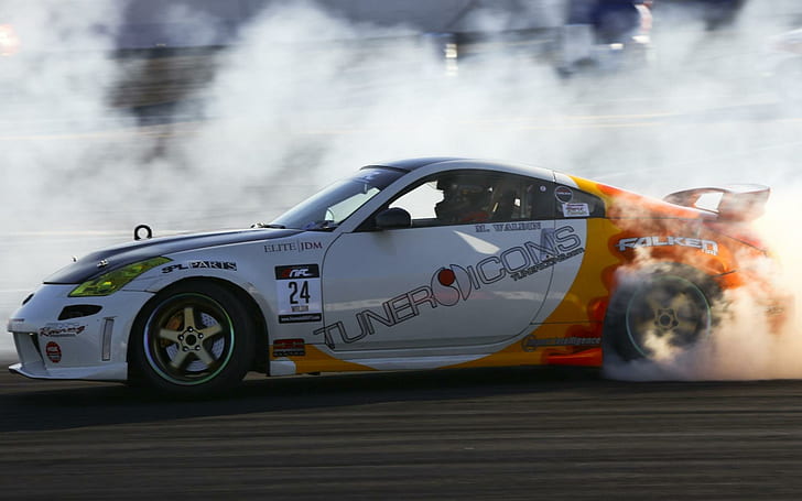 Drift, white and orange nissan 350z, smoke, drift, cars, wheel, HD wallpaper