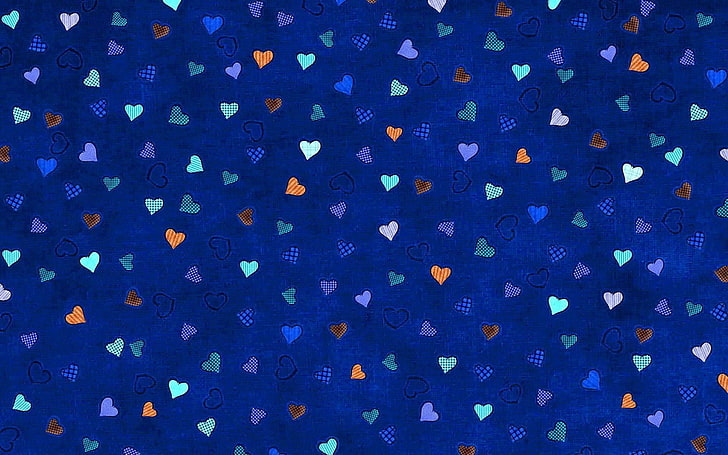синий и белый текстиль в горошек, цифровое искусство, узор, синий фон, минимализм, сердце, клетчатый, HD обои
