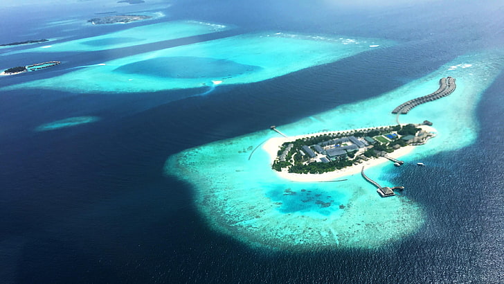 morze, Malediwy, hurawalhi, wyspa, woda, Kuredu, widok z lotu ptaka, wodny, Fotografia lotnicza, kurort, ocean, morze Arabskie, Ocean Indyjski, Tapety HD