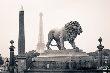 gri beton aslan heykeli, şehir, fransa, paris, anıtlar, heykel, aslan, HD masaüstü duvar kağıdı HD wallpaper