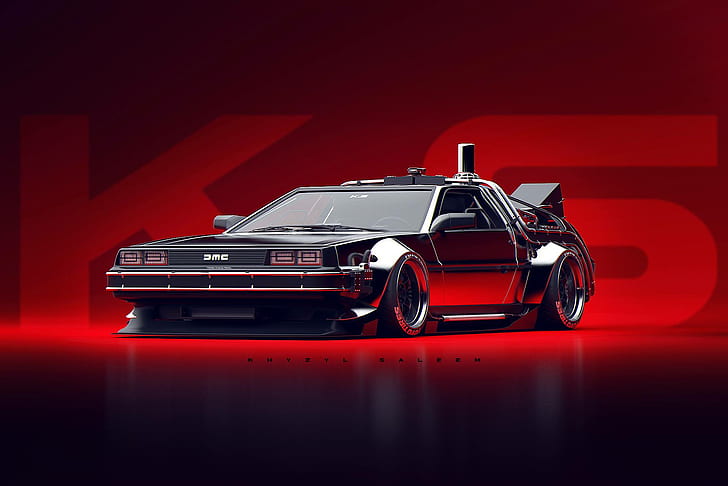Khyzyl Saleem, artwork, car, vehicle, DMC DeLorean, DeLorean, Back to the Future, render, simple background, widebody, HD wallpaper