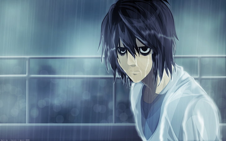 Fondo de pantalla de personaje de anime de hombre de pelo negro, Death Note, Lawliet L, chicos de anime, lluvia, anime, Fondo de pantalla HD
