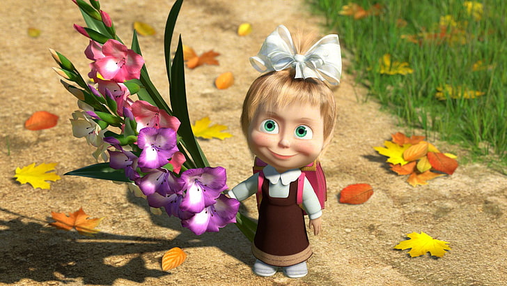 женски герой и гладиоли цветя тапет, есен, листа, цветя, училище, Маша и мечката, 1 септ, HD тапет