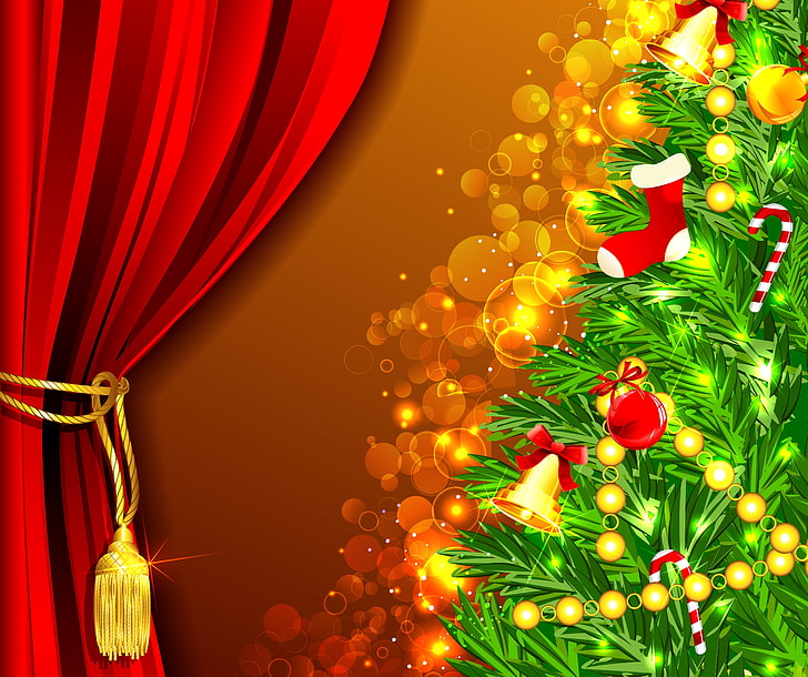 green Christmas tree, balls, decoration, holiday, toys, tree, branch, New Year, Christmas, Christmas Eve, HD wallpaper