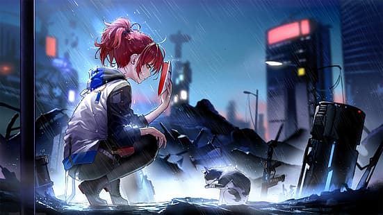Anime, Anime Girls, Rothaarige, gelbe Augen, kurze Haare, Regen, Katzen, Waffen, Ruinen, Arknights, HD-Hintergrundbild HD wallpaper