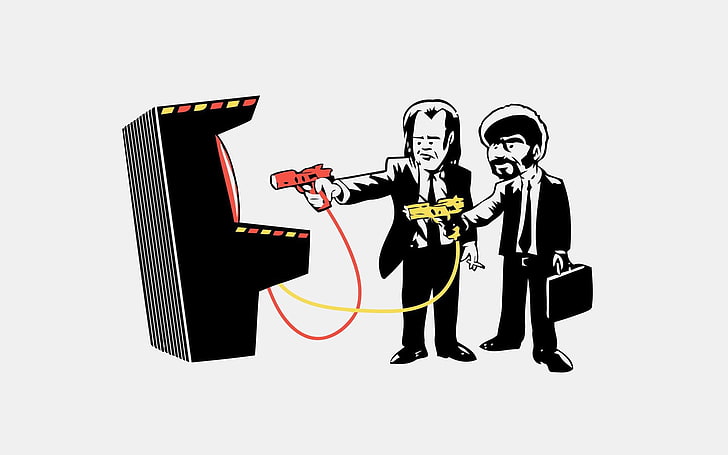 два человека играют на аркадных автоматах иллюстрации, Криминальное чтиво, юмор, фильмы, мультфильм, простой, белый фон, белый, HD обои