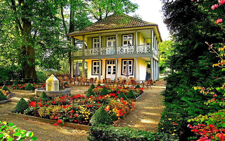 Casa, jardín, árboles, flores, sillas, foto de jardín, casa, jardín, árboles, flores, sillas, Fondo de pantalla HD
