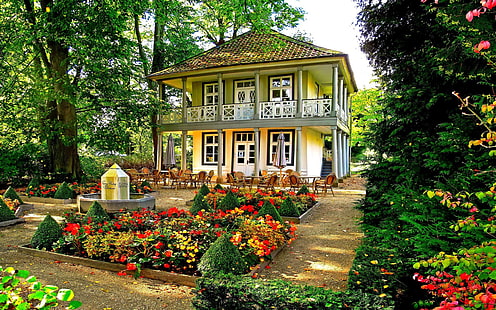 House, garden, trees, flowers, chairs, garden photo, House, Garden, Trees, Flowers, Chairs, HD wallpaper HD wallpaper