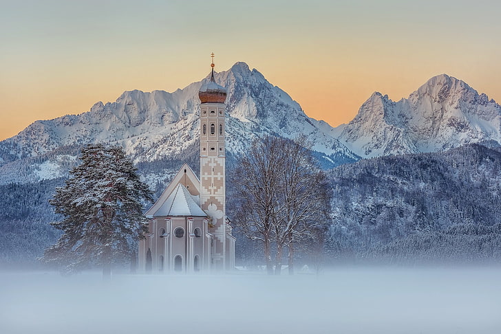 winter, mountains, church, landscape, nature, HD wallpaper
