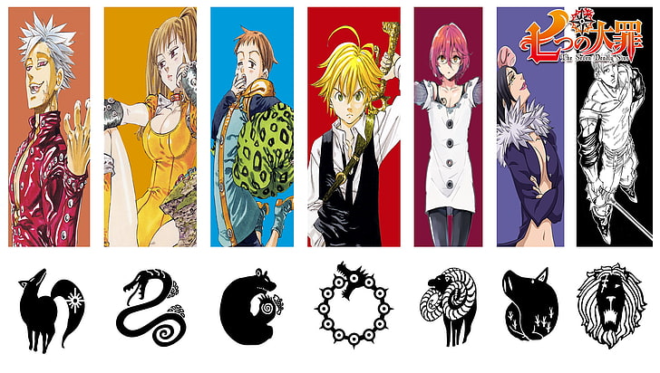 Seven Deadly Sins anime tapet, anime, Nanatsu no Taizai, färgglada, manga, skisser, de sju dödssynderna, anime pojkar, animeflickor, vit, Japan, symboler, HD tapet