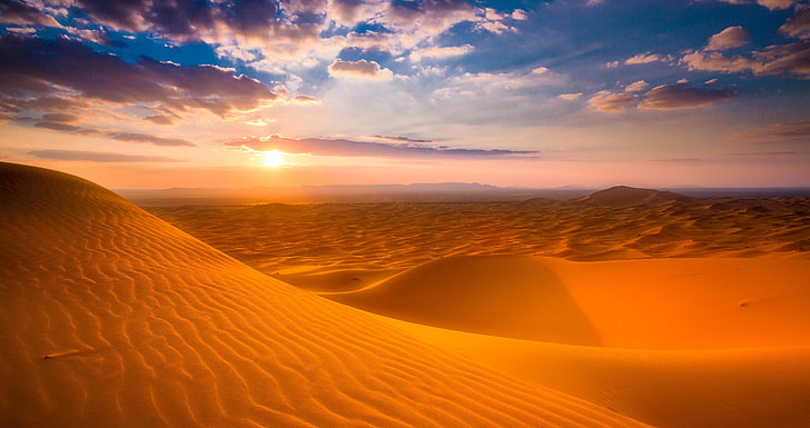 Sahara desert, sable, soleil, coucher de soleil, desert, barkhan, sucre, maroc, Fond d'écran HD