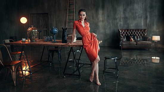 mulheres, morena, olhos castanhos, vestido vermelho, com os pés descalços, mesa, olhando para o espectador, Georgy Chernyadyev, Anastasia Zonova, HD papel de parede HD wallpaper
