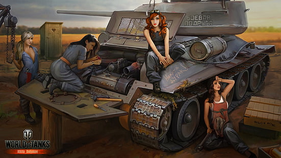 World of Tanks spelmålning, flicka, motor, tank, reparation, tankar, WoT, World of Tanks, Wargaming.Net, BigWorld, Nikita Bolyakov, HD tapet HD wallpaper