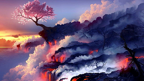 artwork, nature, cherry blossom, trees, landscape, album covers, clouds, fire, dead trees, Fightstar, lava, smoke, fantasy art, digital art, HD wallpaper HD wallpaper