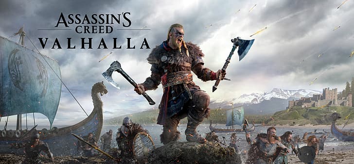 Assassin's Creed: Valhalla, Wikinger, Videospiele, Videospielkunst, digitale Kunst, Axt, Boot, ultraweit, ultraweit, HD-Hintergrundbild
