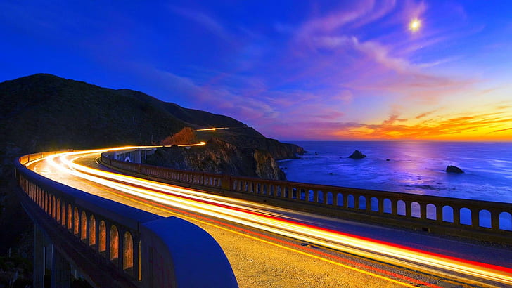 Heavenly Bridge Highway, mountain, lights, bixby bridge, bridge, california, moon, highway, sunset, nature and landscapes, HD wallpaper