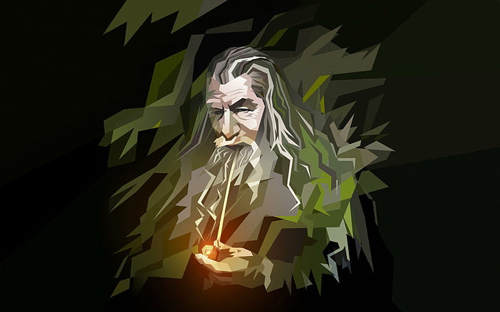 Gandalf - Penguasa Cincin, lukisan gandalf hijau dan putih, vektor, 2560x1600, penguasa cincin, lotr, gandalf, poligon, Wallpaper HD