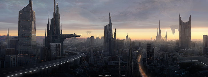 ilustrasi bangunan tinggi, fiksi ilmiah, kota, seni fantasi, Wallpaper HD