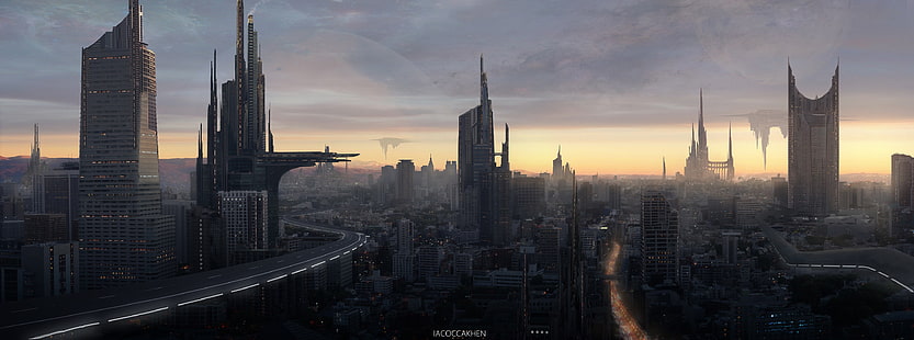 Ilustración de edificios de gran altura, ciencia ficción, ciudad, arte de fantasía, Fondo de pantalla HD HD wallpaper
