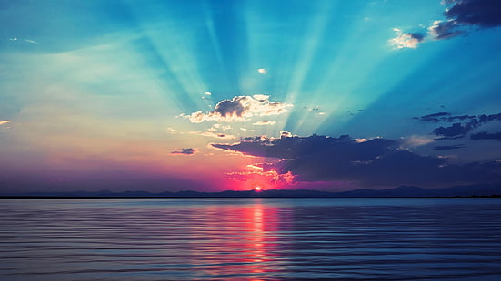 body of water, sunset on horizon, sea, sunset, nature, sky, clouds, calm, HD wallpaper HD wallpaper