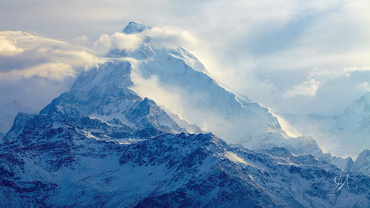 белая снежная гора, фотография, горы, снег, пейзаж, гора Эверест, облака, HD обои