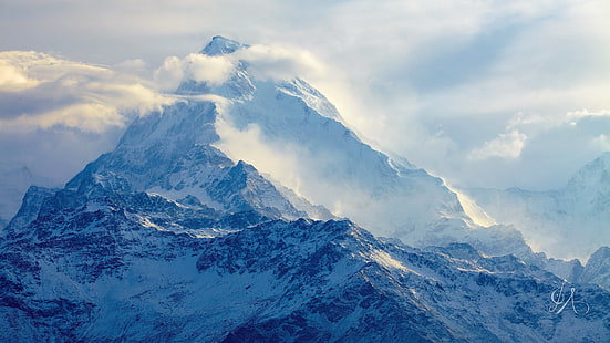 белая снежная гора, фотография, горы, снег, пейзаж, гора Эверест, облака, HD обои HD wallpaper