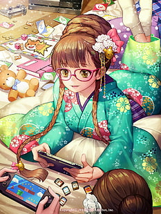 anime, anime girls, Furyou Michi ~Gang Road~, kimono, glasses, long hair, PlayStation Vita, HD wallpaper HD wallpaper