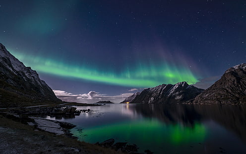 Norge, Lofoten Islands, norrsken, natt, hav, Norge, Lofoten, Islands, Northern, Lights, Night, Sea, HD tapet HD wallpaper