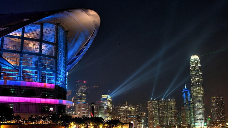 edifici illuminati, città, paesaggio urbano, Hong Kong, Cina, Sfondo HD