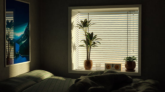  bedroom, room, plants, bed, poster, palm trees, sunrise, interior, interior design, CGI, digital art, Chill Out, relaxation, HD wallpaper HD wallpaper