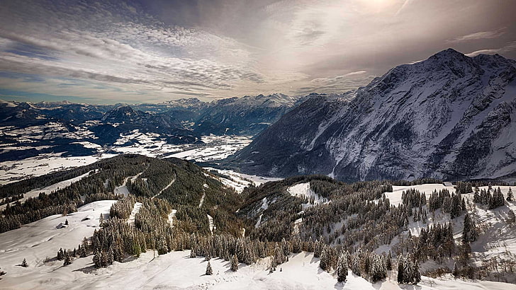 snow, landscape, pine trees, mountains, HD wallpaper